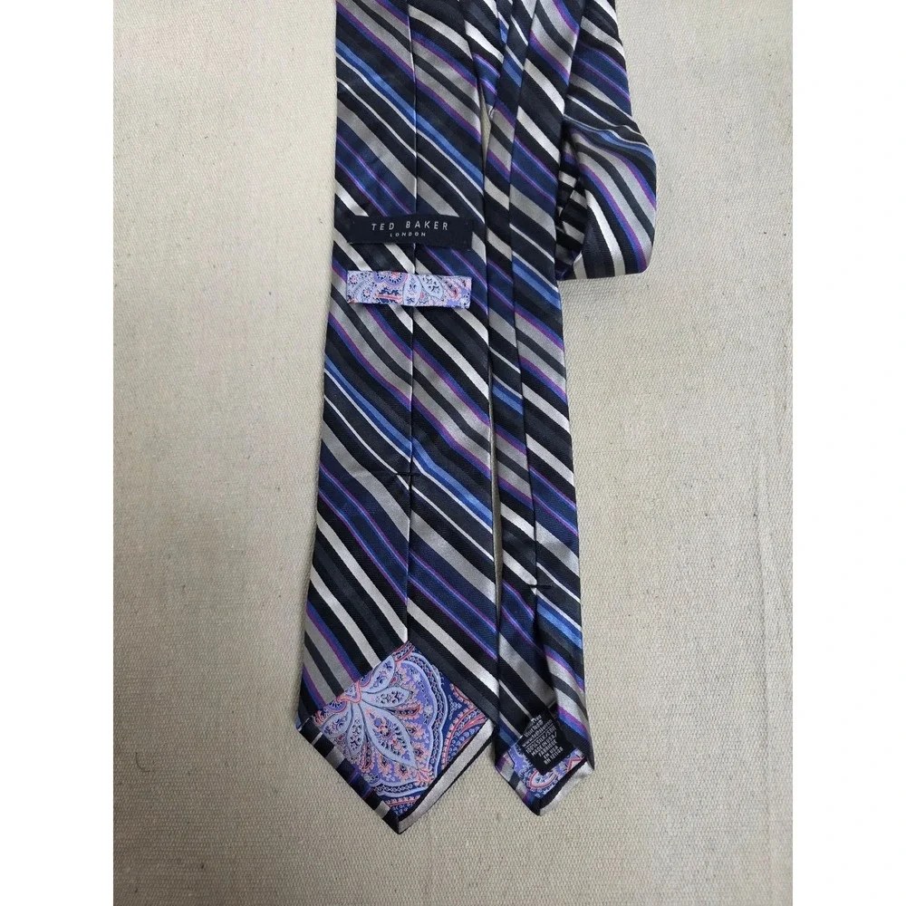 Ted Baker London Silk Tie Blue‎ Purple Grey Black Striped Paisley RN 121148